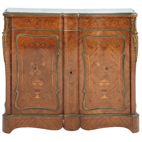 CABINET FRANCE, CA. 1900 Made of wood with plated veneer decoration and marquetry. 45 x 52.3 x 19.6" (114.5 x 133 x 50 cm)
