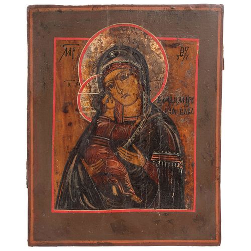 ICON VIRGIN OF VLADIMIR RUSSIA, Ca. 1900 Oil on wood Conservation details, cracks and detachments 13.5 x 11" (34.5 x 28 cm)