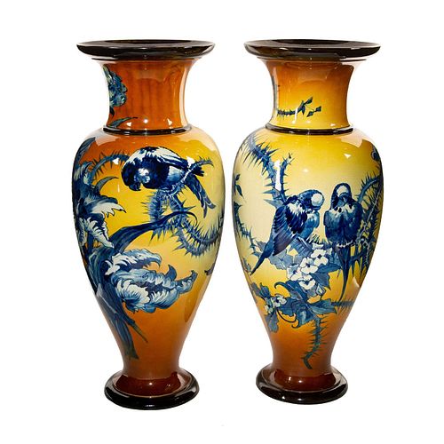 Large, Rare Pair Doulton Lambeth Faience Vases, Birds