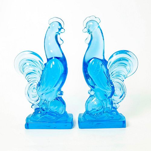 2 Transparent Blue Glass Roosters