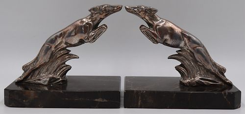 Pair of Signed Art Deco Bronze Bookends of Foxes.