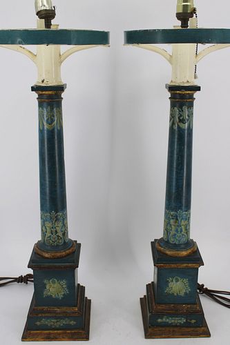 An Antique Hand Painted Wood Columns As Lamps.
