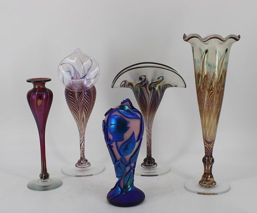 5 Vintage Vandermark Signed Art Glass Vases.