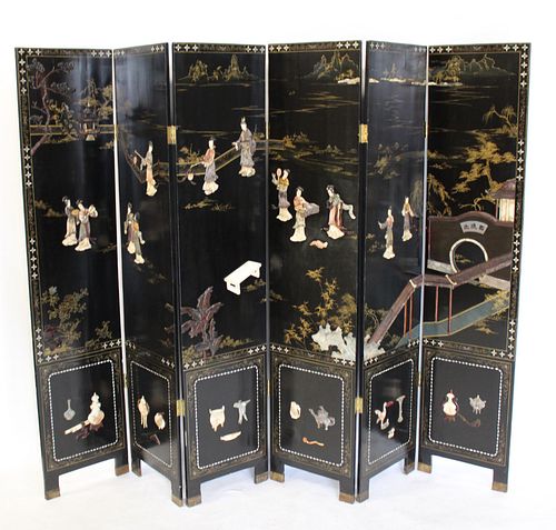 Vintage Asian 6 Panel Lacquered Screen