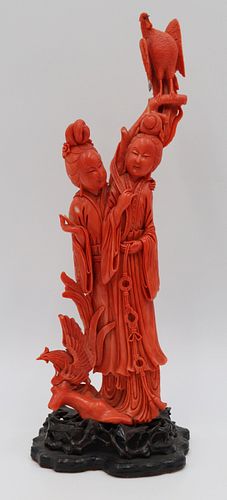 Signed Carved Coral Figural Grouping with Birds.