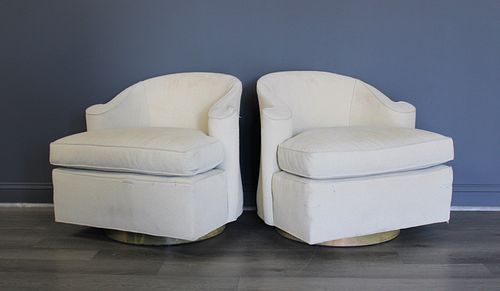 Midcentury, Possibly Dunbar Pair Of Swivel Chairs.