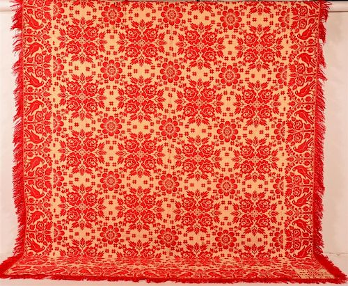Red and Neutral Two Part Jacquard Coverlet.