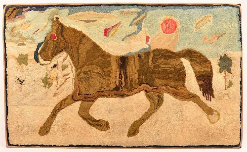 Trotting Horse Finely Hooked Rug.