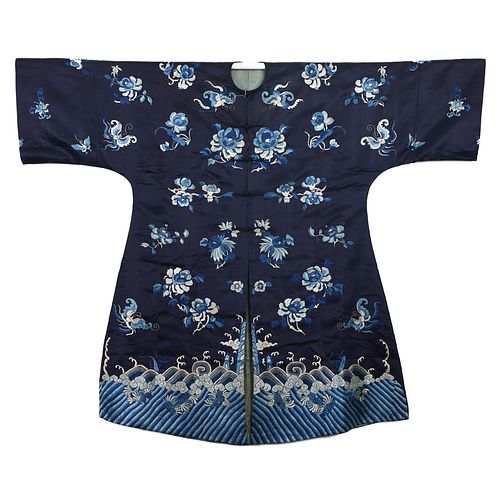 A DARK-BLUE-GROUND EMBROIDERED 'FLOWERS' LADY'S ROBE