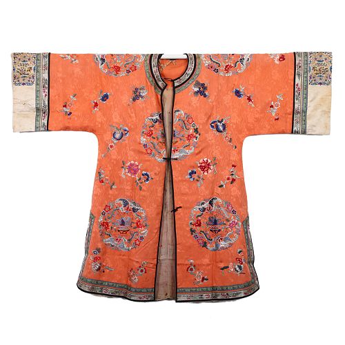 A ORANGE-GROUND EMBROIDERED FLORAL LADY'S ROBE