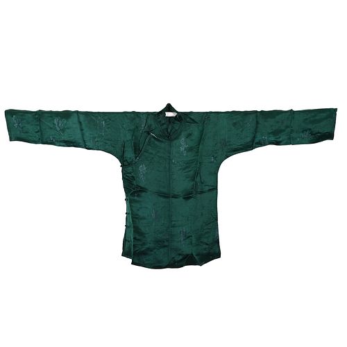 A GREEN-GROUND EMBROIDERED LADY'S ROBE
