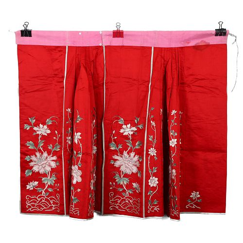 A RED-GROUND EMBROIDERED FLORAL SKIRT