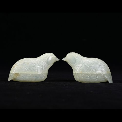 A PAIR OF WHITE JADE 'QUAILS' BOXES AND COVERS