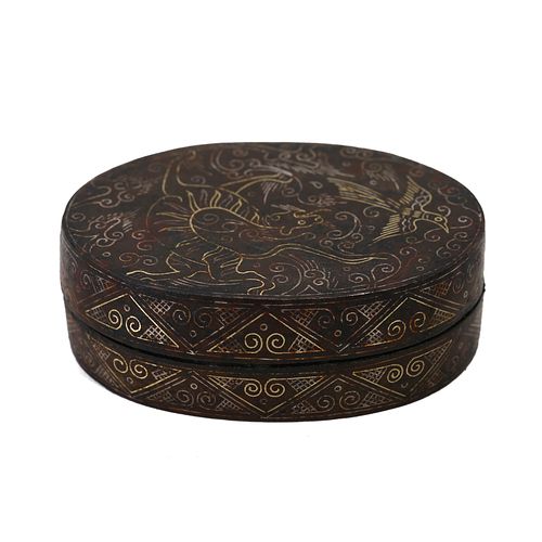 A GOLD-INLAID BRONZE CIRCULAR BOX AND COVER
