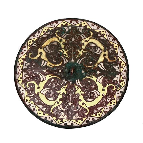 A GOLD AND SILVER-INLAID BRONZE 'DRAGON' DISH