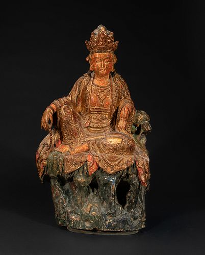 Bodhisattva figure; China, 18th-19th centuries.
Carved and polychrome wood with fine gold.