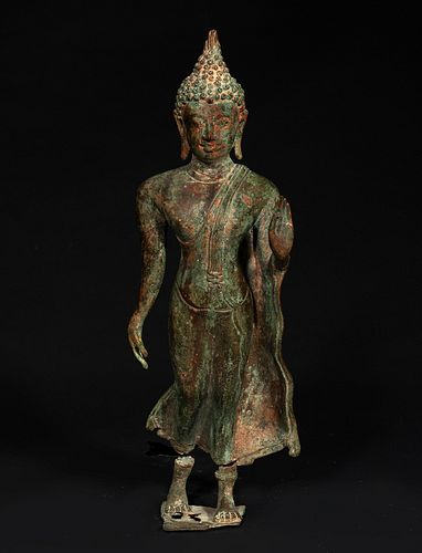 Buddha figure; Indonesia, Java, 7th-10th centuries.
Bronze, with remains of polychrome.
Wooden base, lined with fabric.