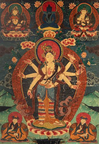 Indian school, 20th century
"Durga and Hindu trimurti".
Mixed technique on canvas.