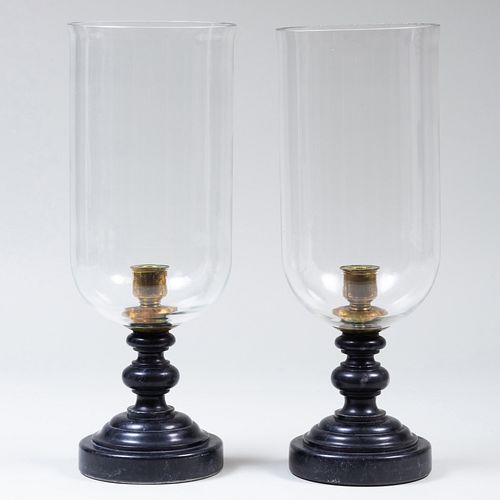 Pair of Black Marble and Glass Photophores