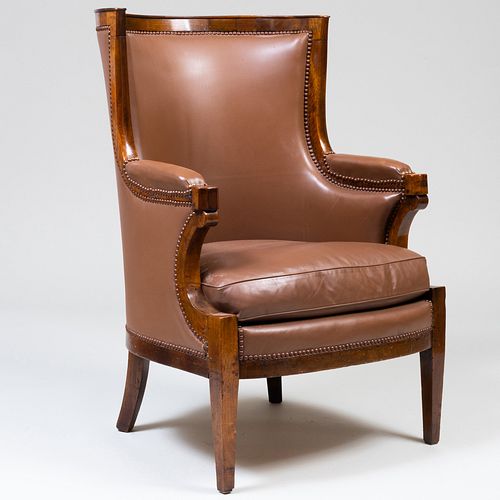 French Provincial Walnut and Leather Upholstered Armchair