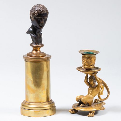 Miniature Continental Bronze Bust of a Caesar and a Gilt-Metal-Mounted Saytr Form Chamberstick 