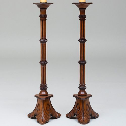 Pair of English Carved Wood Candlestick Lamps