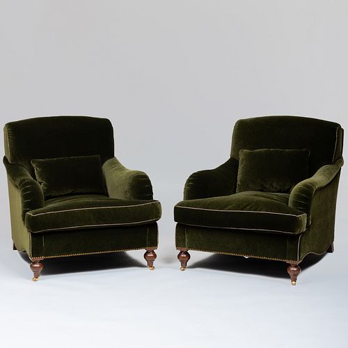 Pair of Green Mohair Upholstered Club Chairs, A. Schneller & Sons