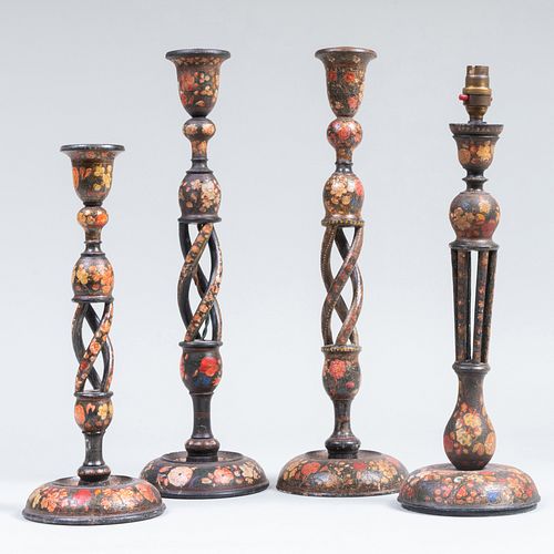 Group of Four Continental Lacquered Candlesticks