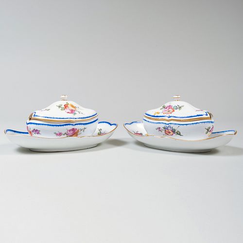 Pair of Sèvres Porcelain 'Feuille de Choux' Sauce Tureens on Fixed Stands
