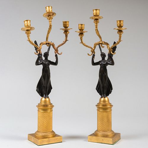Pair of Empire Bronze and Parcel-Gilt Three-Light Figural Candelabra