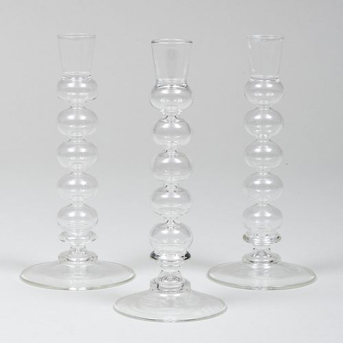Set of Three Modern Glass Candlesticks