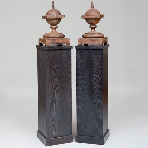 Pair of Painted Iron Finials on Cerused Oak Pedestals