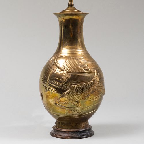 Asian Brass Lamp Embossed with Swimming Coy