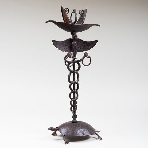 Folk Art Wrought Iron Oil Lamp on Stand