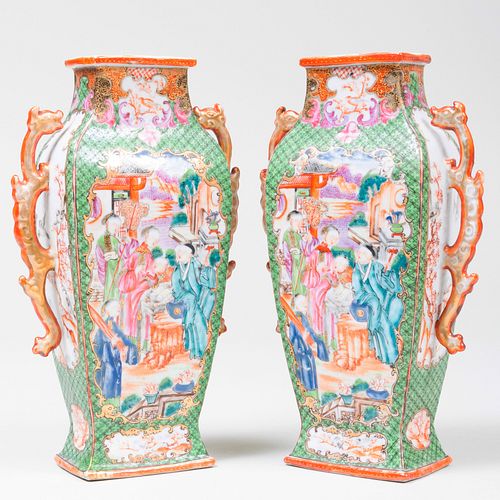 Pair of Chinese Export Green Porcelain Mandarin Palette Flattened Baluster Vases