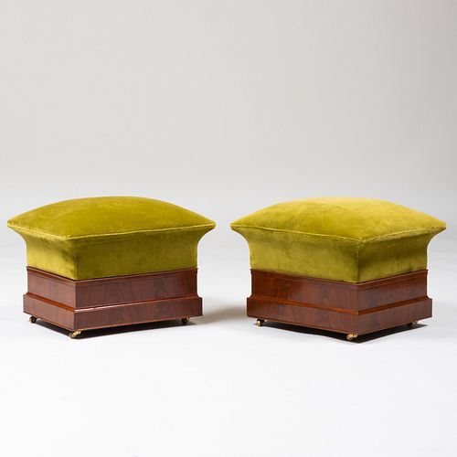 Pair of Victorian Style Mahogany and Velvet Upholstered Footstools