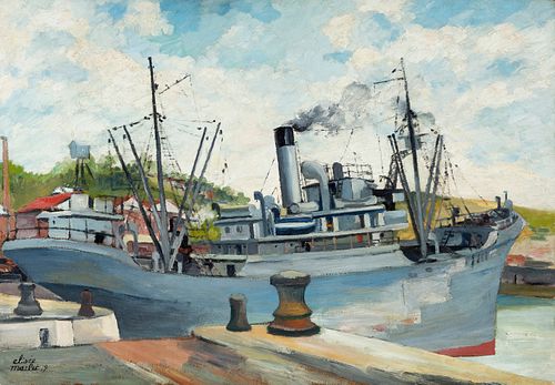 ELISÉE MACLET (Lyons-en-Santerre, 1881 - Paris 1962).
"Le bateau gris" (The gray ship), Dieppe, 1919.
Oil on cardboard.
Signed and dated in the lower 