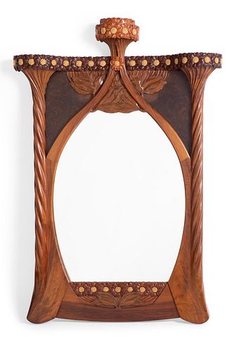 JOAN BUSQUETS I JANÉ (Barcelona, 1874 - 1949).
Modernist mirror, ca.1900.
Mahogany and walnut wood.
