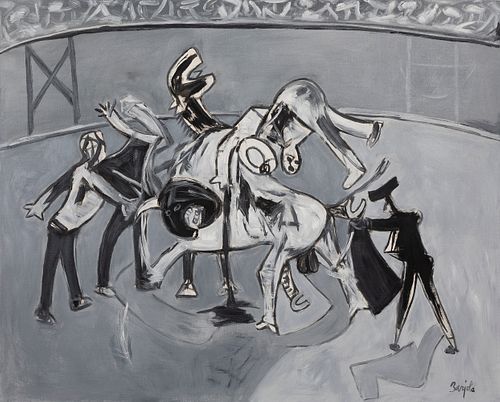 JUAN BARJOLA (Torre de Miguel Sesmero, Badajoz, 1919 - Madrid, 2004).
"Bullfighting".
Oil on canvas.
Signed in the lower right corner.