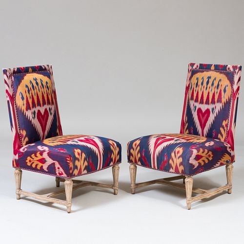 Pair of Louis XVI Style Ikat Upholstered Slipper Chairs