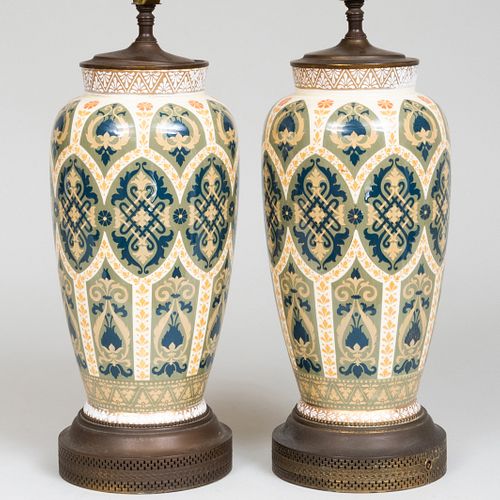 Pair of English Green and Ochre Vases Mounted Lamps