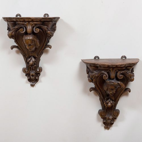 Pair of Continental Carved Wood Figural Wall Brackets
