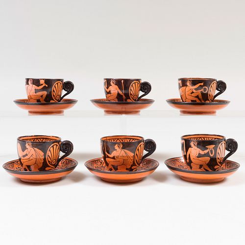 Set of Six Italian Giustiniani Style 'Atticware' Cups and Saucers