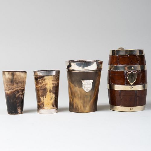 Group of Four English Horn and Leather Cups