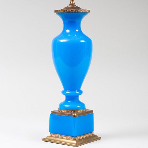 Brass Mounted Blue Opaline Glass Lamp