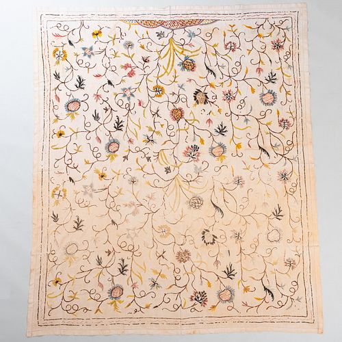 Continental Figural Tapestry and a Floral Crewelwork Linen Panel 