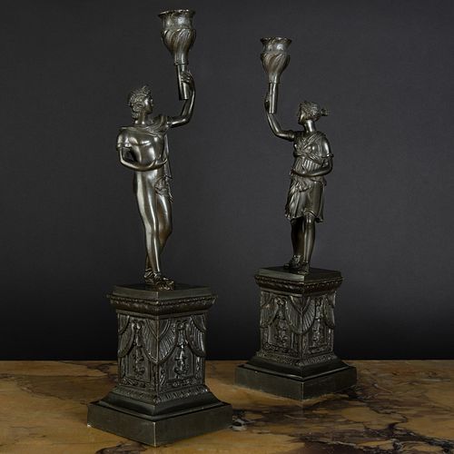 Pair of Bronze Figural Candlesticks, After the Antique