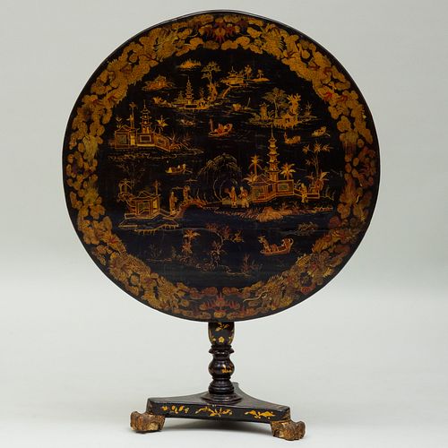 Chinese Export Black Lacquer and Parcel-Gilt Tilt Top Table