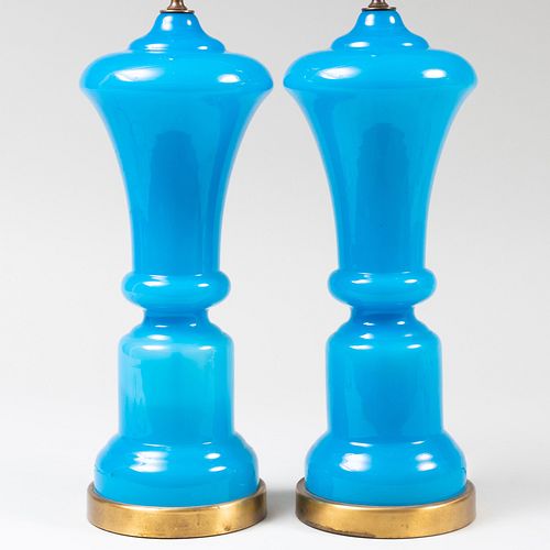 Pair of Blue Opaline Glass Lamps