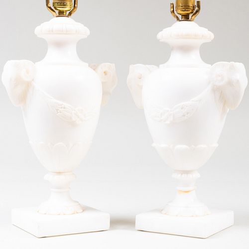 Near Pair of Neoclassical Style Alabaster Urn-Form Lamps